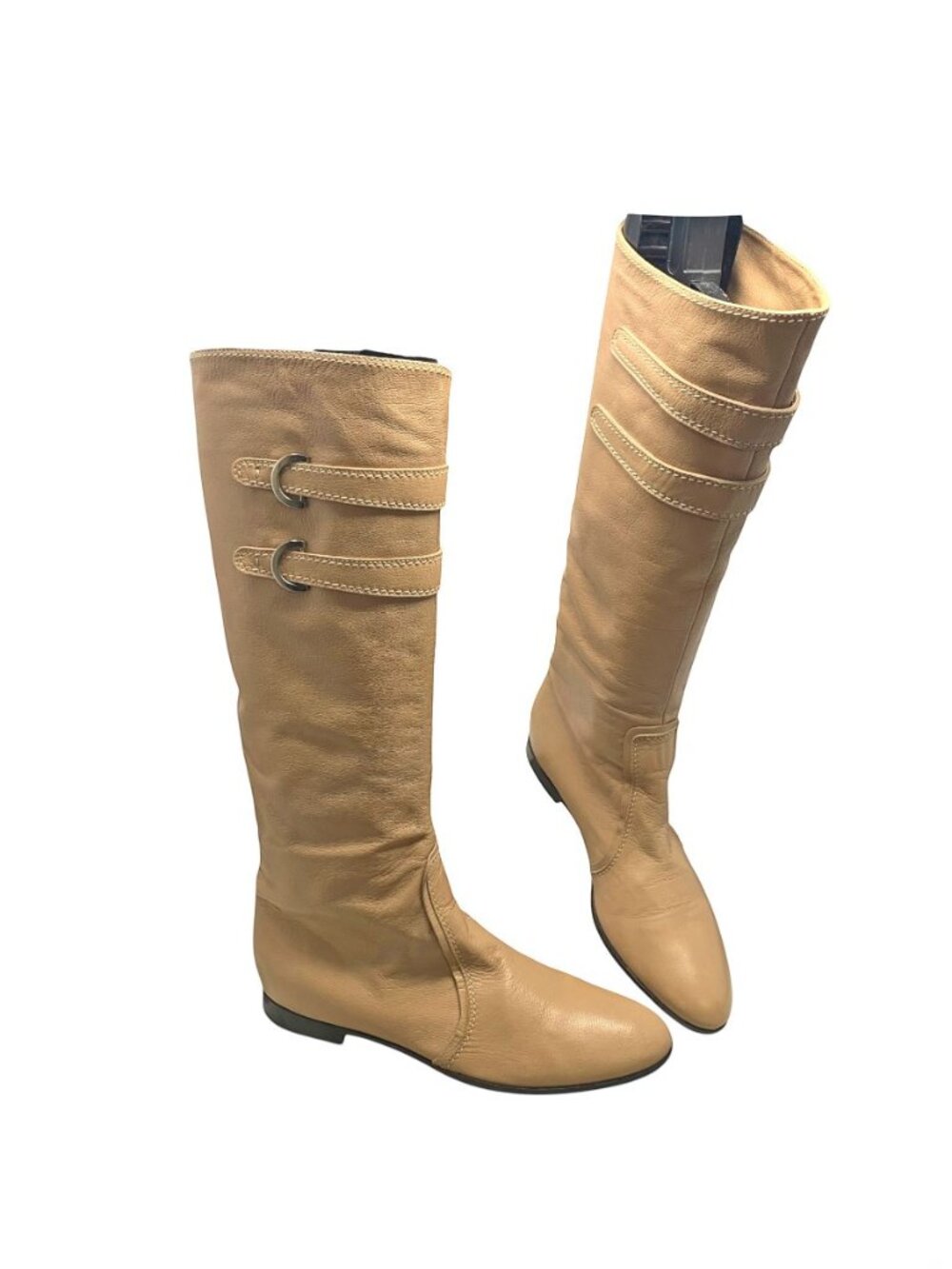 Sergio Rossi Tan Leather Buckle Accent Pull On Tall Boots